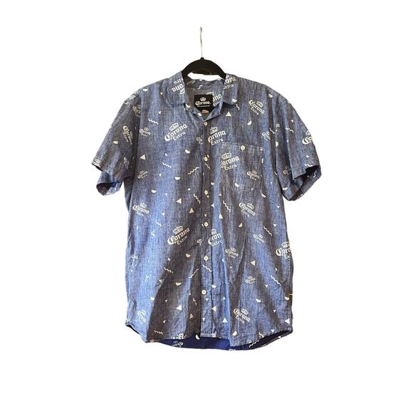Corona Men's Reverse Print Aloha Button Down Shirt Short Sleeve Blue Size L - Picture 1 of 9